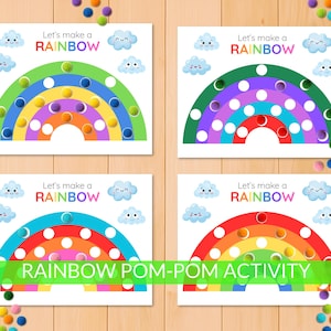 Puede incluir: Cuatro tarjetas de actividades coloridas con temática de arcoíris con el texto "Let's make a RAINBOW" e ilustraciones de nubes. Las tarjetas presentan arcos de arcoíris con agujeros para pompones. Las palabras "RAINBOW POM-POM ACTIVITY" están en la parte inferior de la imagen.