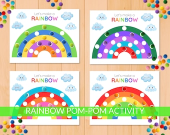 Rainbow Pom Pom Activity Mat, Color Sorting Game, Fine Motor Skills Practice, homeschool education