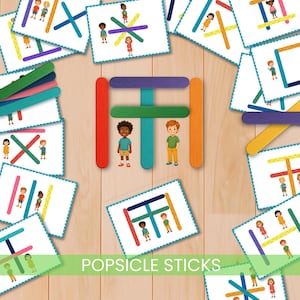 Popsicle Stick Building Cards, Montessori Printable STEM Activity for Toddlers, fine motor skills