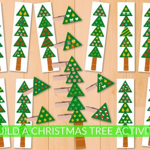 Op de afbeelding: Een kerstactiviteitenset met geïllustreerde kerstbomen en boomvormige decoraties met verschillende feestelijke ontwerpen. De set bevat boomstammen en decoratieve elementen, allemaal bevestigd met houten wasknijpers. De tekst "BUILD A CHRISTMAS TREE ACTIVITY" wordt weergegeven.