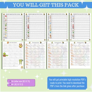 K&ouml;nnte beinhalten: Ein Paket mit ausdruckbaren Alphabet-&Uuml;bungsbl&auml;ttern. Die Arbeitsbl&auml;tter beinhalten &Uuml;bungen zum Nachzeichnen von Gro&szlig;- und Kleinbuchstaben. Der Text "YOU WILL GET THIS PACK" steht oben. Erh&auml;ltlich im A4-Format (21 x 29,7 cm).