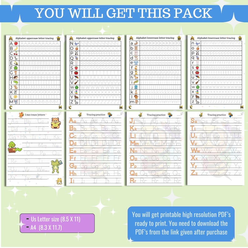 K&ouml;nnte beinhalten: Ein Paket mit ausdruckbaren Alphabet-&Uuml;bungsbl&auml;ttern. Die Arbeitsbl&auml;tter beinhalten &Uuml;bungen zum Nachzeichnen von Gro&szlig;- und Kleinbuchstaben. Der Text "YOU WILL GET THIS PACK" steht oben. Erh&auml;ltlich im A4-Format (21 x 29,7 cm).