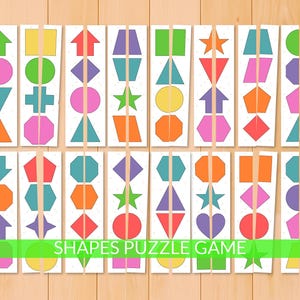Peut inclure: Un ensemble de cartes de puzzle de formes colorées. Chaque carte présente une forme différente, comme un cercle, un carré et une étoile, divisée en deux parties. Le texte "SHAPES PUZZLE GAME" est affiché en bas sur une bannière verte.