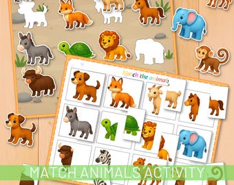 May include: A children's educational game with animal matching. The game features colourful animal illustrations including a zebra, fox, goat, horse, elephant, and monkey. The text "Match Animals Activity" is displayed.