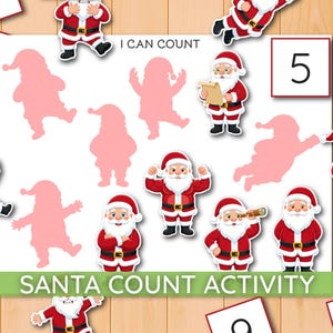 Puede incluir: Una actividad de conteo para niños con ilustraciones de Papá Noel y siluetas rosas de Papá Noel. El texto "I CAN COUNT" y "SANTA COUNT ACTIVITY" son visibles. Los números 5, 6, 9 y 10 también están presentes en tarjetas separadas.