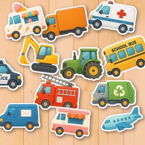 May include: A selection of colourful vehicle stickers, featuring an ice cream van, a lorry, an ambulance, a school bus, a police car, a fire engine, a tractor, a refuse truck, a mail van, a food van, and an aeroplane.