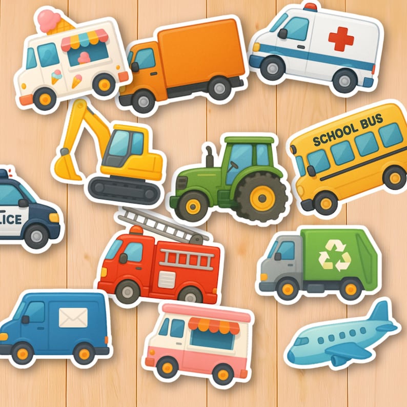 May include: A selection of colourful vehicle stickers, featuring an ice cream van, a lorry, an ambulance, a school bus, a police car, a fire engine, a tractor, a refuse truck, a mail van, a food van, and an aeroplane.