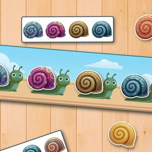 May include: A children's educational matching game featuring four cartoon snails with distinctively patterned shells on a blue sky background, accompanied by separate loose shell cutouts in matching designs for interactive play.