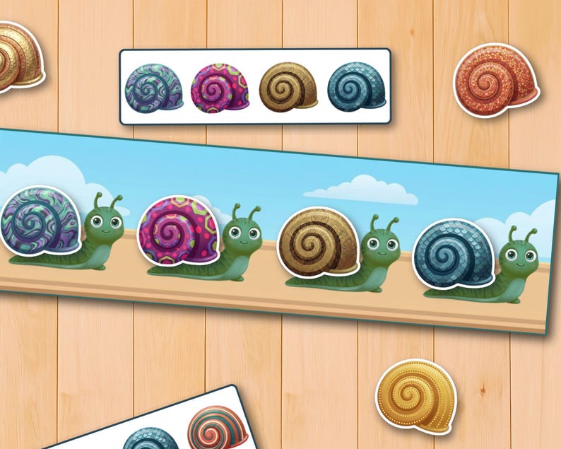 May include: A children's educational matching game featuring four cartoon snails with distinctively patterned shells on a blue sky background, accompanied by separate loose shell cutouts in matching designs for interactive play.