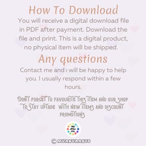 K&ouml;nnte beinhalten: Grafik f&uuml;r digitalen Download mit hellbraunem Text auf helllila Hintergrund. Der Text enth&auml;lt "How To Download" und "Any questions" sowie Anweisungen und Kontaktinformationen. Das Bild enth&auml;lt auch ein Logo und Copyright-Informationen.