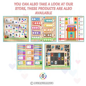 May include: A selection of educational wooden toys for children, including counting cards, colour matching activities, an ice cream building game, ABC tracing, and a car parking puzzle. The image includes the text: "YOU CAN ALSO TAKE A LOOK AT OUR STORE, THESE PRODUCTS ARE ALSO AVAILABLE."