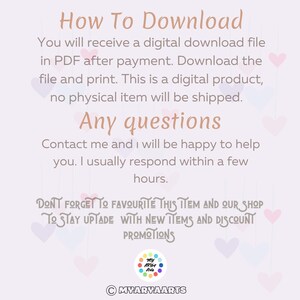 May include: A digital information graphic with a light purple background and small heart icons. The text reads: How To Download, You will receive a digital download file in PDF after payment. Any questions, Contact me. Don't forget to favourite this item.