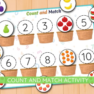 Puede incluir: Juego educativo de contar y emparejar con ilustraciones de frutas y números. El juego presenta un fondo blanco con un borde azul, cestas y círculos con números e ilustraciones de frutas. El texto "Count and Match Activity" está en la parte inferior.