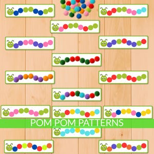 May include: A collection of colorful pom pom patterns arranged on a light wood surface. Each pattern features a caterpillar design with various colored pom poms. The text "POM POM PATTERNS" is displayed in a green banner.