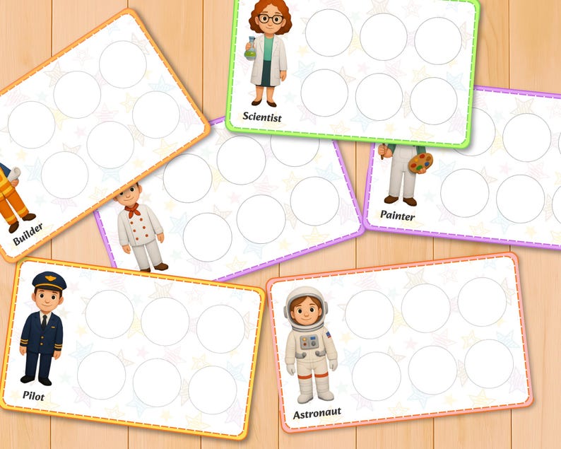May include: Colorful educational cards featuring various professions: Builder, Scientist, Pilot, Astronaut, and Painter. Each card has a picture of the profession and a set of blank circles. The cards are on a wooden surface.