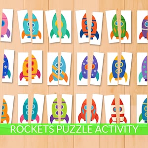 May include: A collection of colorful rocket ship puzzles on a wooden background. Each puzzle is split into two pieces, featuring rockets in various colors like pink, blue, orange, and green. The text "ROCKETS PUZZLE ACTIVITY" is displayed at the bottom.