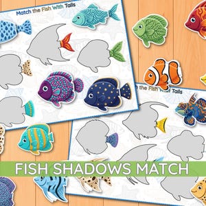 May include: A children's educational activity set featuring two sheets titled Match the Fish With Tails. The sheets contain grey silhouettes of fish bodies and various colourful fish cutouts with distinct patterns, including polka dots, stripes, and stars.