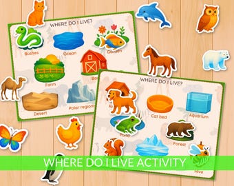 May include: Educational activity set with animal stickers and cards. The cards feature illustrations of habitats like the ocean, farm, and forest. The text "WHERE DO I LIVE ACTIVITY" is displayed at the bottom.