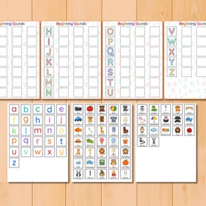 May include: Educational printables for learning the alphabet and beginning sounds. The set includes letter cards, and worksheets with the text "Beginning Sounds". The worksheets have letter outlines and boxes for matching pictures.
