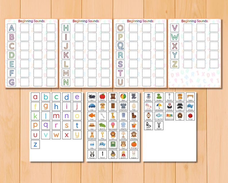 May include: Educational printables for learning the alphabet and beginning sounds. The set includes letter cards, and worksheets with the text "Beginning Sounds". The worksheets have letter outlines and boxes for matching pictures.