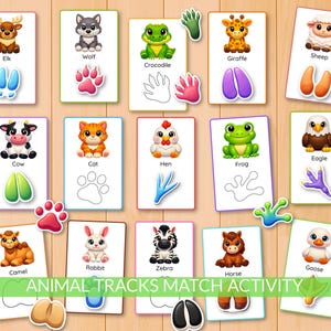 May include: A set of animal flashcards with matching animal tracks. The cards feature illustrations of animals like an elk, wolf, crocodile, giraffe, and sheep. The text "ANIMAL TRACKS MATCH ACTIVITY" is displayed at the bottom.