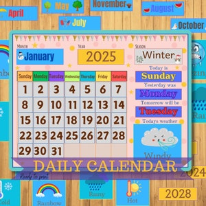 Calendário pré-escolar para impressão, gráfico meteorológico, conjunto de aprendizagem Montessori, download digital para crianças, atividade para sala de aula