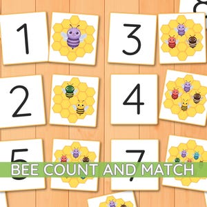Puede incluir: Un conjunto de tarjetas educativas cuadradas con números negros del uno al diez e ilustraciones de panales amarillos con abejas de dibujos animados coloridas. Una franja verde horizontal muestra el texto BEE COUNT AND MATCH.