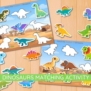 May include: A dinosaur matching activity set with colorful dinosaur illustrations and matching shadow outlines. The set includes two game boards with various dinosaurs and their corresponding shadows, promoting learning and fun for children.