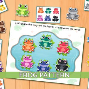 Peut inclure: Un ensemble d'activités éducatives comprenant une carte centrale avec une illustration d'étang bleu et des feuilles vertes, avec le texte Let's place the frogs on the leaves as shown on the cards et FROG PATTERN. Inclut plusieurs découpes de grenouilles colorées.