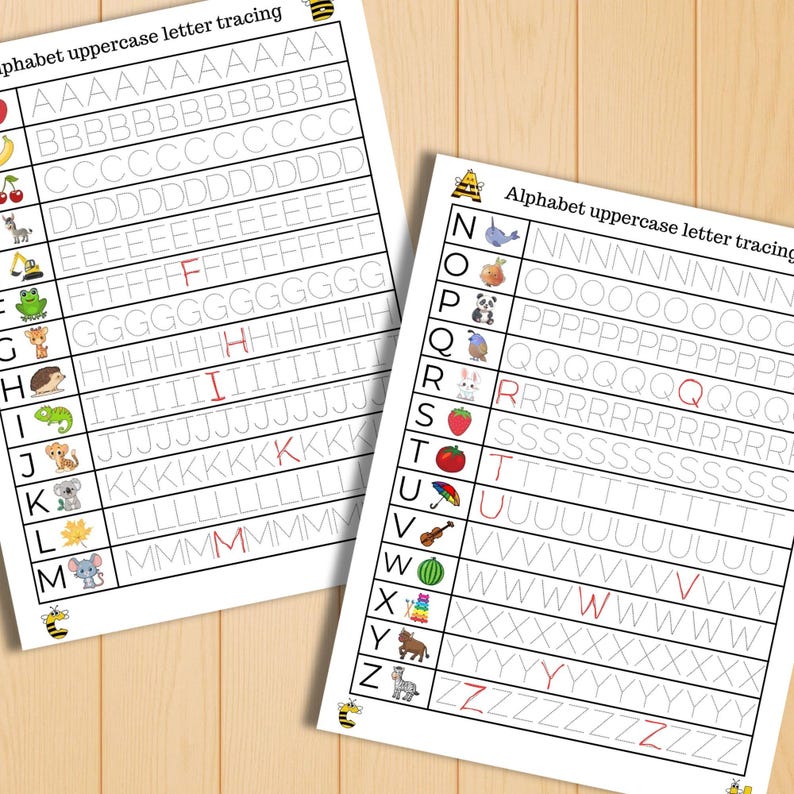 K&ouml;nnte beinhalten: Zwei wei&szlig;e Arbeitsbl&auml;tter mit dem Text "Alphabet Gro&szlig;buchstaben Buchstabenverfolgung". Sie zeigen Gro&szlig;buchstaben mit gepunkteten Linien zum Nachzeichnen, sowie Illustrationen von Fr&uuml;chten, Tieren und Objekten.