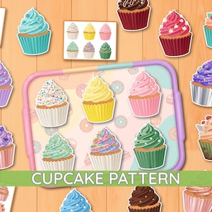 Puede incluir: Una colección de ilustraciones de cupcakes coloridos con varios colores de glaseado, chispas y coberturas, dispuestos alrededor de una bandeja rectangular central con un patrón de donas, sobre un fondo de madera clara con el texto CUPCAKE PATTERN.