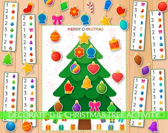 Christmas Tree building activity, Holiday game for kids, pattern matching, printable, fine motor skills
