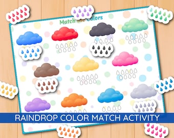 Actividad de combinación de colores de nubes y gotas de lluvia, juego de clasificación de colores, currículo preescolar, actividades visuales, jardín de infancia