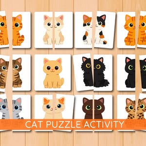 May include: A set of cat-themed puzzle cards. Each card is split in half, featuring a different cartoon cat illustration. The cats are in various colors, including orange, black, brown, and gray. The text "CAT PUZZLE ACTIVITY" is displayed at the bottom.