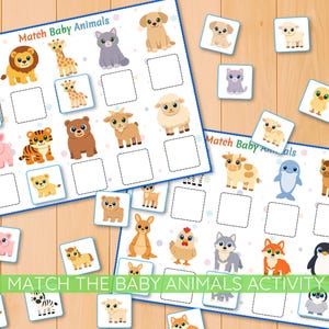 May include: A children's matching game with colorful illustrations of baby animals. The game includes two blue and white game boards and individual animal cards. The text "Match Baby Animals" and "Match the Baby Animals Activity" are visible.