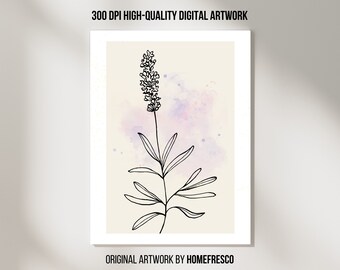 Minimalistische lavendel lijntekeningen print, botanische wanddecoratie (digitale download)