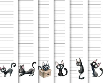 May include: Five printable lined note cards featuring black cats in various poses. The cards are perfect for writing notes, lists, or reminders.