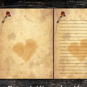 Papel de escritura vintage para imprimir Te amo el día de San Valentín, hoja de carta de amor romántica, corazón, mancha de café, rosa - Juego de 2, tamaño carta