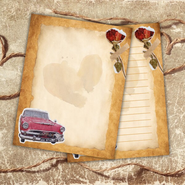 Printable Valentine's Day Vintage Car Paper,Romantic Writing  Love Letter Set,Rustic Stationery Note Sheet,Classic Auto Motif,Nostalgic