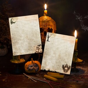 Ensemble de papier à lettres imprimable sur le thème horreur gothique tête de mort, feuille de cahier vintage sorcellerie ligné, tas de têtes de mort, lune - lot de 2
