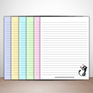 May include: Set of six lined note papers with different pastel colored borders. The papers have a black cat illustration in the bottom right corner and a line of dots at the bottom.