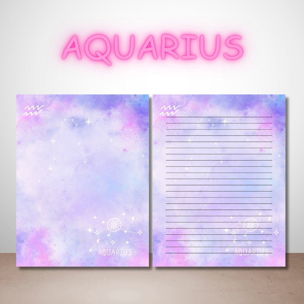Aquarius Notebook Paper Printable, Colorful Zodiac Journal Paper Sheet ...