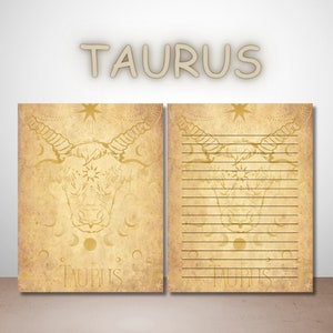 以下が含まれることがあります： 黄色の牡牛座の星座と天体のデザインが施された、印刷可能な罫線入り紙。紙はヴィンテージの羊皮紙のような質感です。