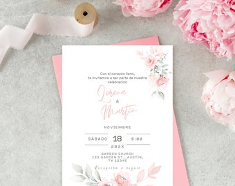 Wedding invitation in Spanish, Invitations to edit and print, flowers, pink and green, floral Spanish wedding invitations.