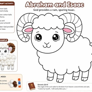 Puede incluir: Una página de actividades de manualidades para niños con una ilustración de carnero de dibujos animados. El texto dice "Abraham e Isaac" e incluye instrucciones para usar bolas de algodón para crear el carnero. El ejemplo muestra una manualidad terminada.