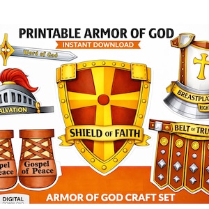 Może przedstawiać: Zestaw do rękodzieła do druku Zbroja Boża zawierający miecz z napisem Word of God, hełm z napisem Salvation, tarczę z napisem Shield of Faith, napierśnik z napisem Breastplate of Righteousness, pas z napisem Belt of Truth oraz buty z napisem Gospel of Peace.