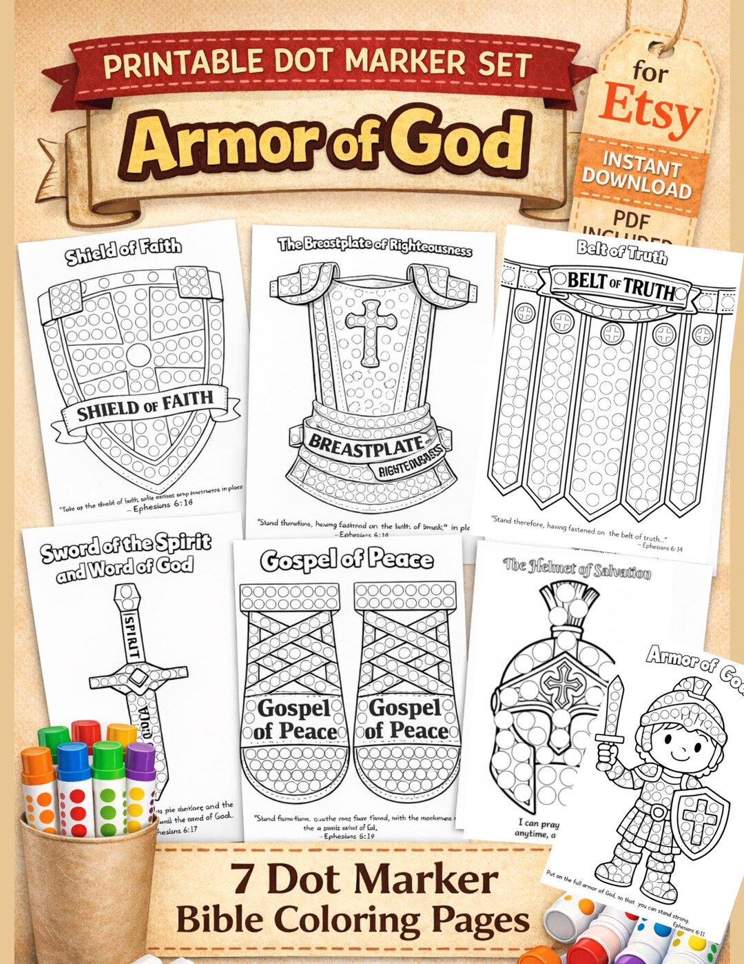 Armor of God Bible Dot Marker Sunday School Church Craft 7 Pages Bundle ...