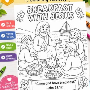 Op de afbeelding: Zwart-wit kleurplaat getiteld "BREAKFAST WITH JESUS" met Jezus en zijn discipelen. De afbeelding bevat een boot, vuur, brood en vis. Tekst bevat "Printbaar Direct Downloaden" en "Kom en ontbijt. Johannes 21:12."
