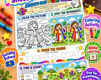 May include: A white paper toddler activity sheet titled Joseph's Coat of Many Colors featuring four sections: color the picture, spot the differences, trace the words Joseph's Coat, and find and count stars, sheaves of grain, sheep, and coats.