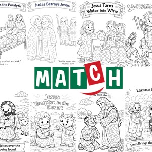 May include: A black and white colouring book page featuring biblical scenes such as Jesus healing the paralytic and Judas betraying Jesus. The word "MATCH" is in the centre, with various other illustrations.